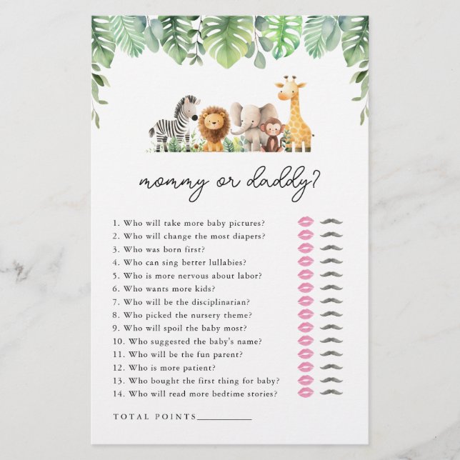 Safari Baby Shower Game - Mommy or Daddy Flyer (Front)