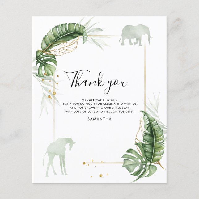Safari Baby Shower Giraffe Elephant Thank You Card (Front)