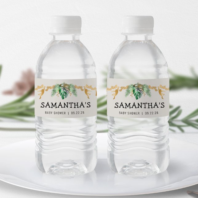 Safari Baby Shower Green Gold Ecru Water Bottle Label (Creator Uploaded)