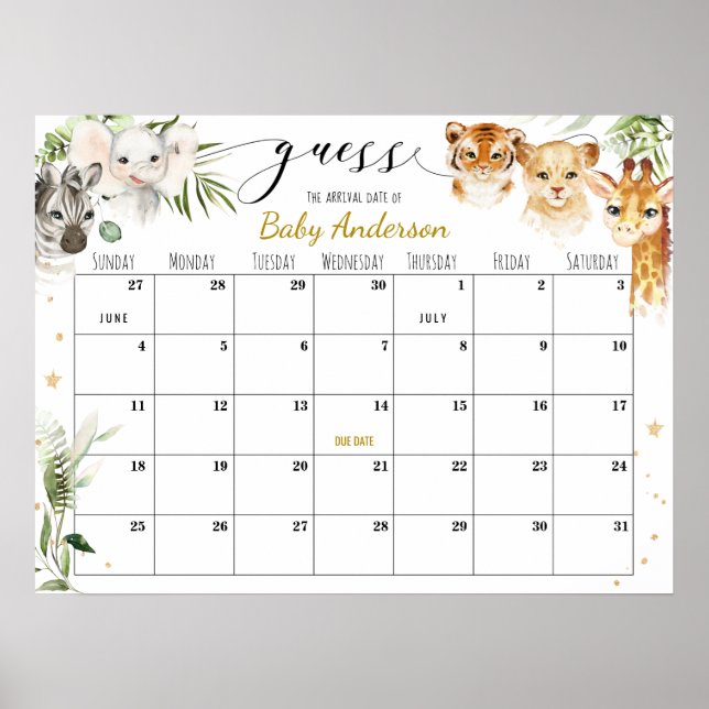 Safari Baby Shower Guess Due Date Calendar Poster (Front)