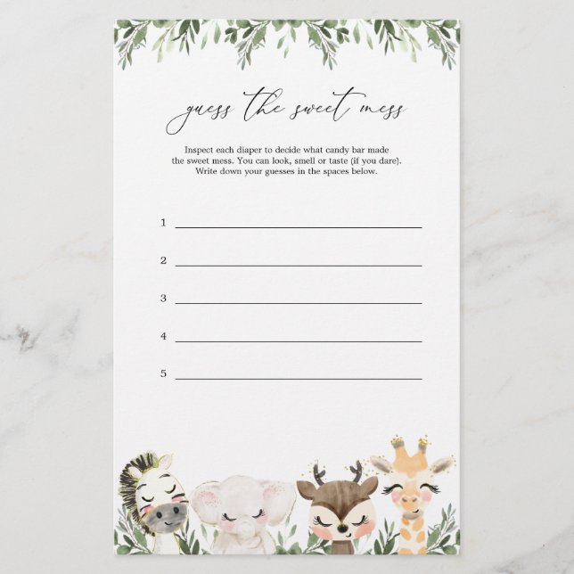 Safari Baby Shower Guess The Sweet Mess Game (Front)