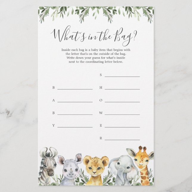 Safari Baby Shower Guess What's in the Bag Game (Front)