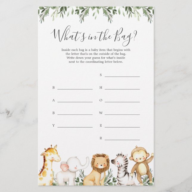 Safari Baby Shower Guess What's in the Bag Game (Front)