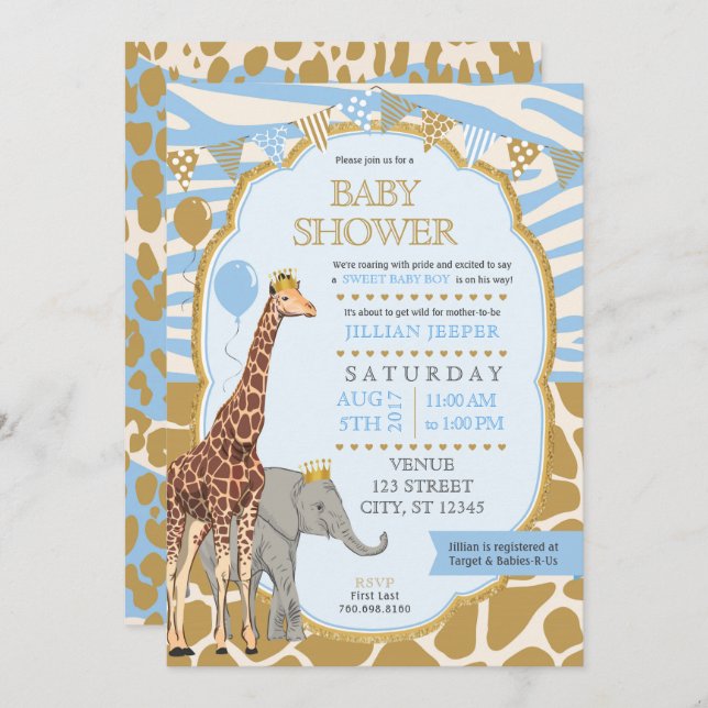 Safari Baby Shower Invitation - Blue Boy (Front/Back)