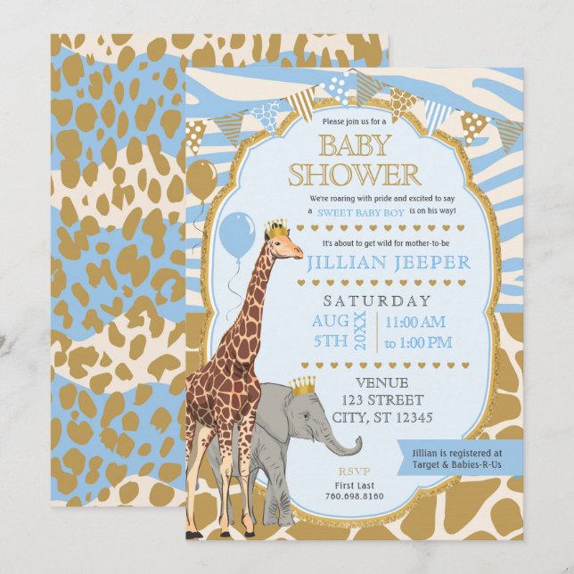 Safari Baby Shower Invitation - (Boy Blue) (Front/Back)