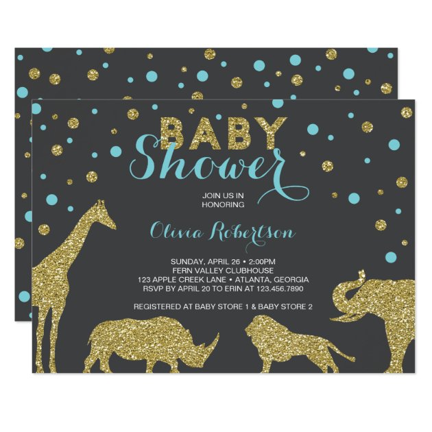 Safari Baby Shower Invitation, Faux Gold, Aqua Card
