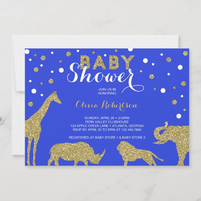 Safari Baby Shower Invitation, Faux Gold, Blue Invitation (Front)