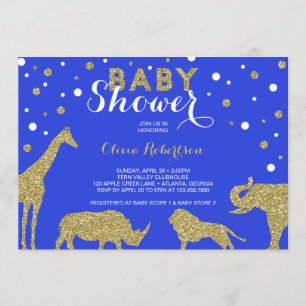 Safari Baby Shower Invitation, Faux Gold, Blue Invitation