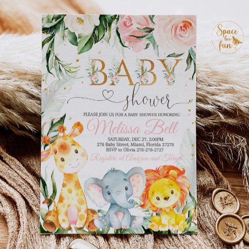 Safari Baby shower Invitation Girl Pink Young Wild