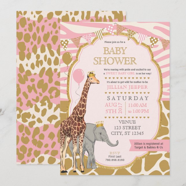 Safari Baby Shower Invitation - Pink Girl (Front/Back)