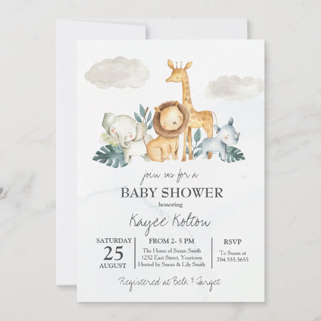 Safari Baby Shower Invitation,  Vintage Jungle Invitation (Front)