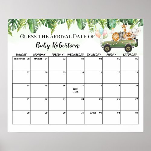 Safari Baby Shower Jungle Guess Due Date Calendar Poster