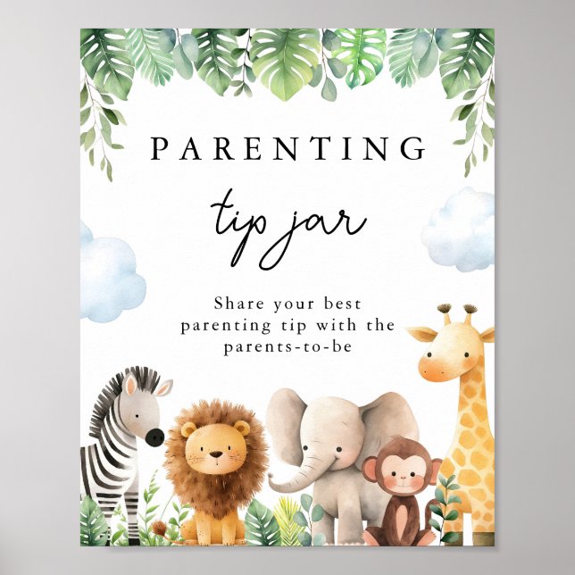 Safari Baby Shower Parenting Tip Jar Sign (Front)