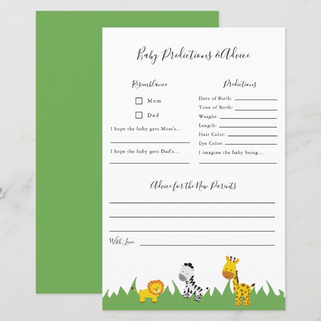 Safari Baby Shower Predictions and Advice Game (Front/Back)