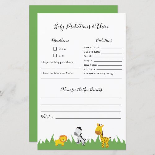 Safari Baby Shower Predictions and Advice Game