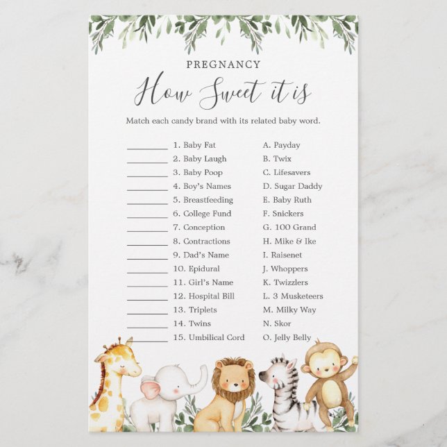 Safari Baby Shower Pregnancy How Sweet It Is Game (Front)
