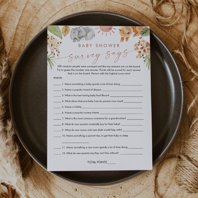 SAFARI Baby Shower Survey Says Game Card (Creator Uploaded)