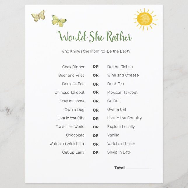 Safari Baby Shower Theme | Would She Rather Game (Front)