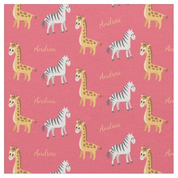 Safari Baby Zebras And Giraffes Custom Name Fabric by DoodleDeDoo at Zazzle