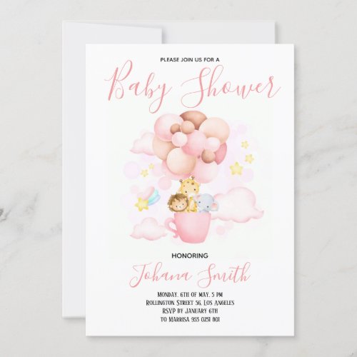 Safari Ballon Pink Cute Baby Shower Invitation