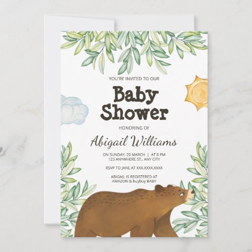 Safari Bear Greenery Watercolor Baby Shower Invitation