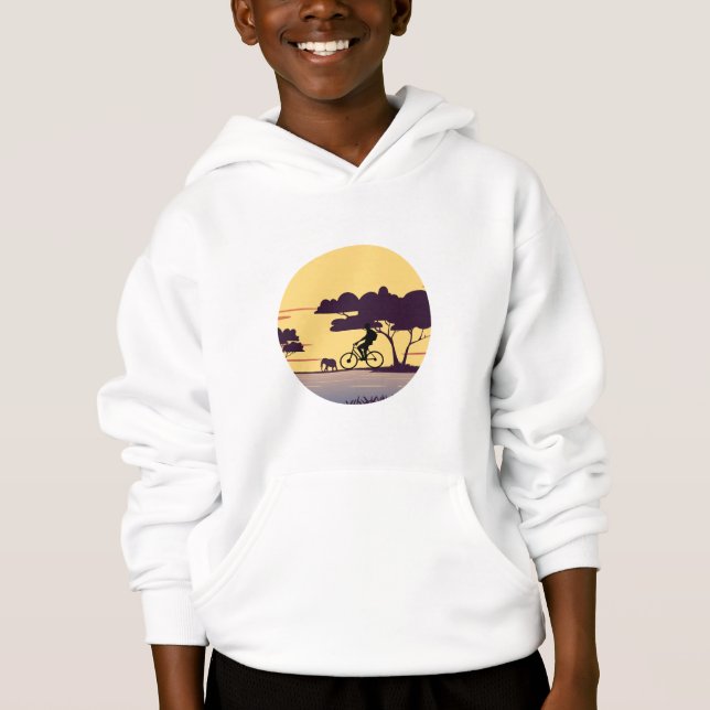 Safari Bike Ride at Sunset – Cyclist and Elephant  Hoodie (Front)