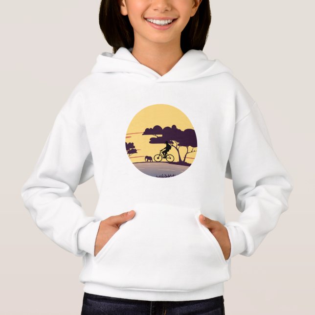 Safari Bike Ride at Sunset – Cyclist and Elephant  Hoodie (Front)
