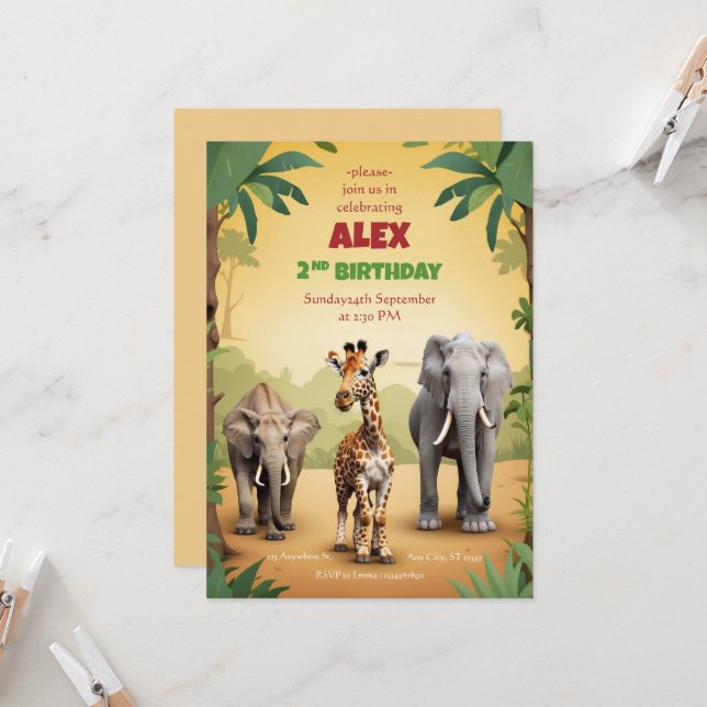 Safari Birthday Invitation Gold Jungle Animals (Front/Back In Situ)