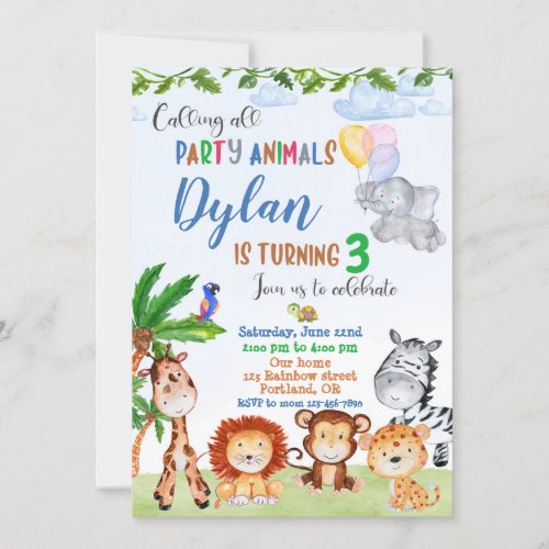 Safari birthday invitation Jungle boys animals 1st