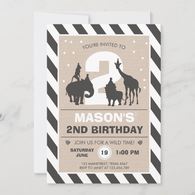 Safari Birthday Invitation Zoo Wild Jungle animals (Front)