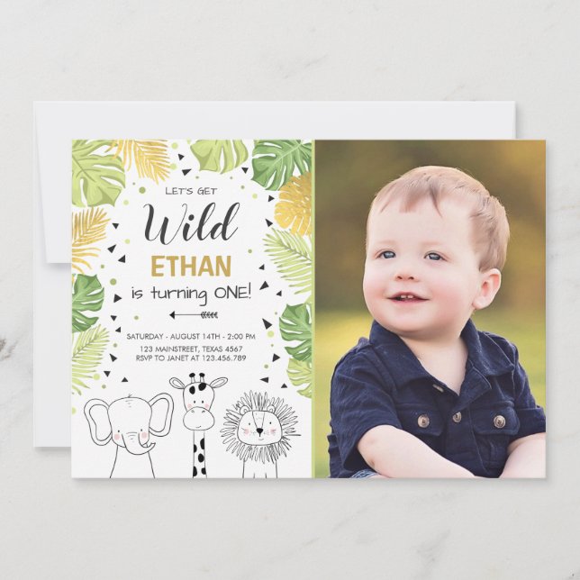 Safari Birthday Invitation Zoo Wild Jungle animals (Front)