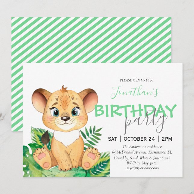 Safari birthday party jungle animals invite (Front/Back)
