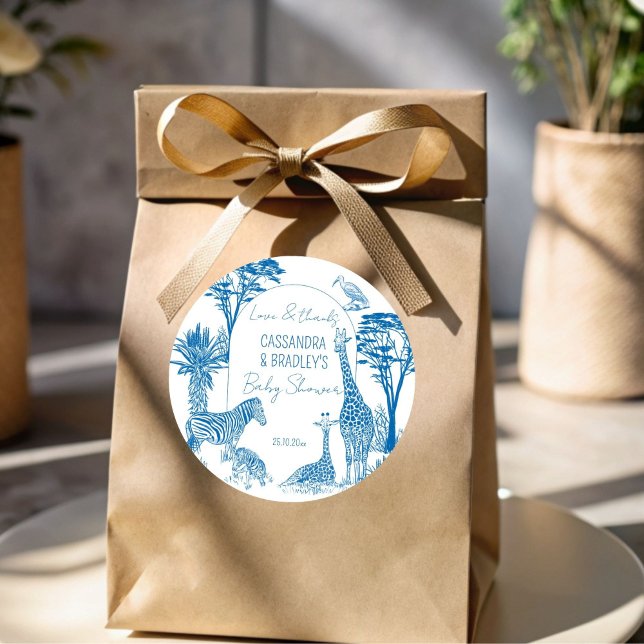 Safari blue toile giraffe baby shower classic round sticker (Safari blue toile de jouy giraffe African animals baby shower thank you favor sticker templates)
