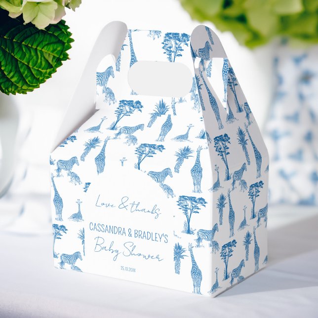 Safari blue toile giraffe baby shower monogrammed favor boxes (Safari blue toile de jouy giraffe African animals baby shower monogrammed personalized favor boxes)