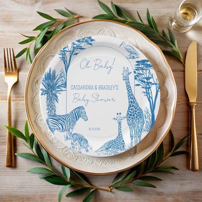 Safari blue toile giraffe baby shower monogrammed paper plates (Safari blue toile de jouy giraffe African animals baby shower monogrammed personalized paper plates )