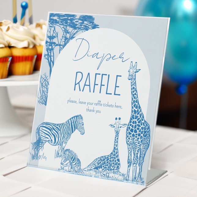 Safari blue toile giraffe baby shower raffle sign (Safari blue toile de jouy giraffe African animals baby shower diaper raffle sign personalized signs)