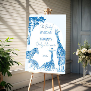 Safari blue toile giraffe baby shower welcome sign