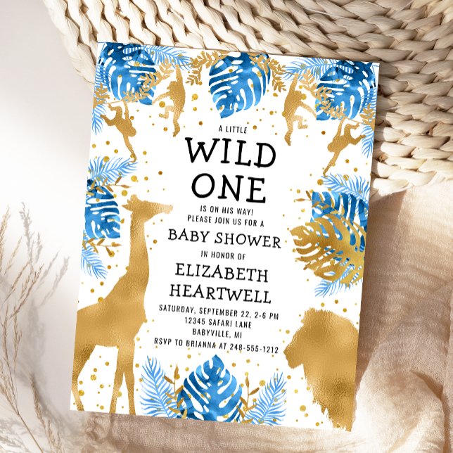 Safari Boy Baby Shower Blue Gold Invitation Postcard (Creator Uploaded)
