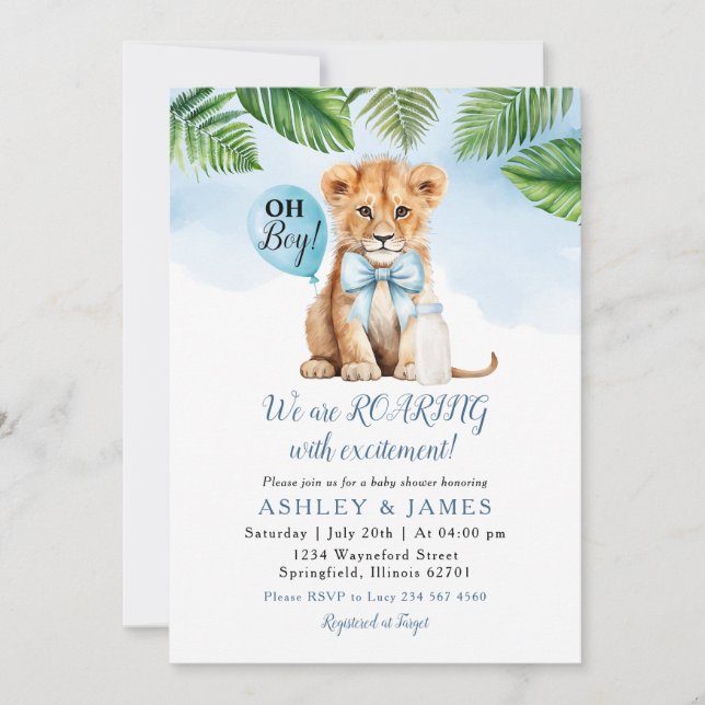 Safari Boy Lion Greenery Baby Shower Bow tie Invitation (Front)