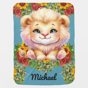 Safari Boy's Personalized Name Blue Animals Baby Blanket