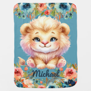 Safari Boy's Personalized Name Blue Animals Baby Blanket