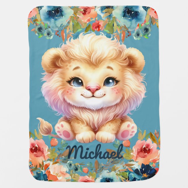 Safari Boy's Personalized Name Blue Animals Baby Blanket (Front)