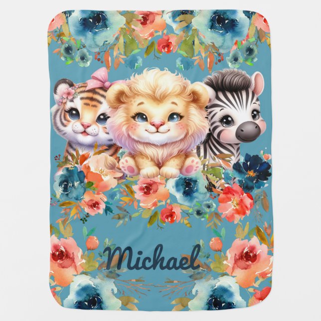 Safari Boy's Personalized Name Blue Animals Baby Blanket (Front)