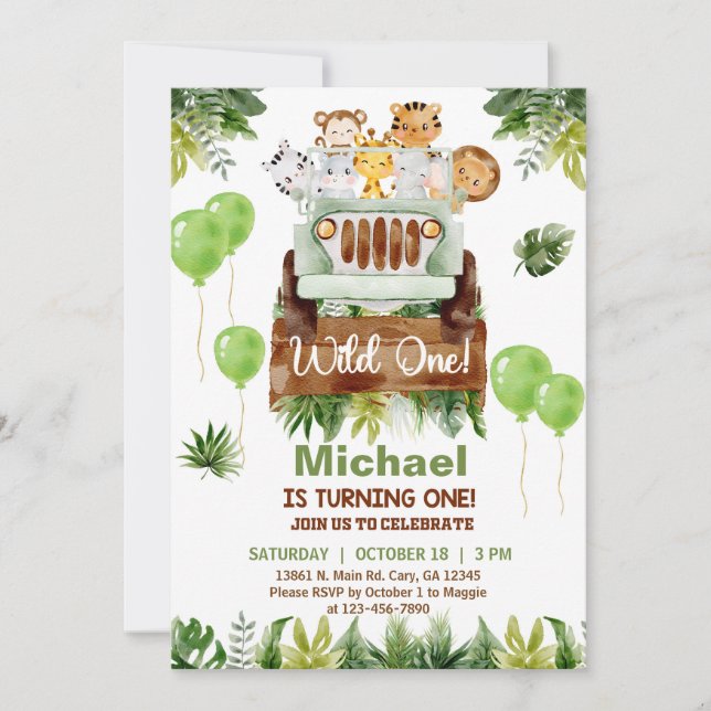 Safari car & animals boy 1st birthday invite. invitation (Front)