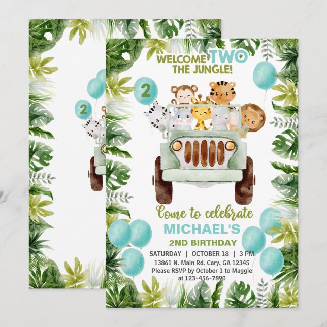 Safari car & animals boy 2nd birthday invite. invitation (Front/Back)