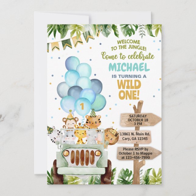 Safari car, balloons, jungle animals boy birthday. invitation (Front)