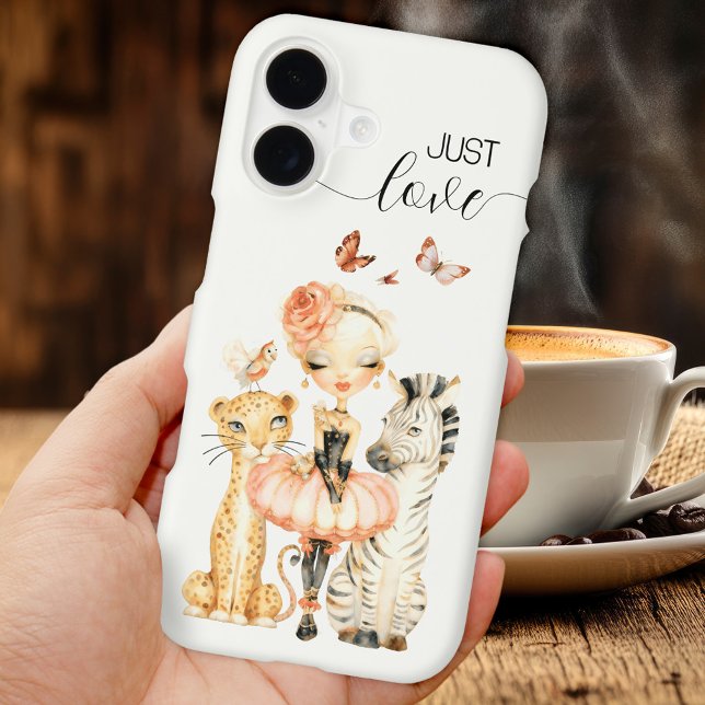 Safari Chic Ballerina Animal Watercolor Phone Case ("Just Love" safari ballerina phone case featuring a watercolor painting with animals and butterflies)
