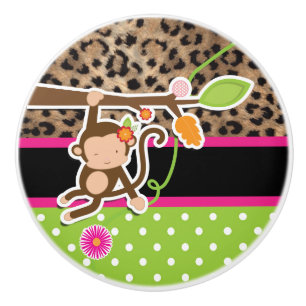 Safari Chic Monkey Leopard Cheetah Pink & Green Ceramic Knob