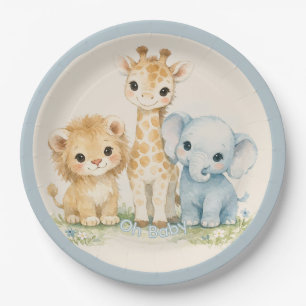 Safari Cute Animal Beige Blue Baby Shower Paper Plates