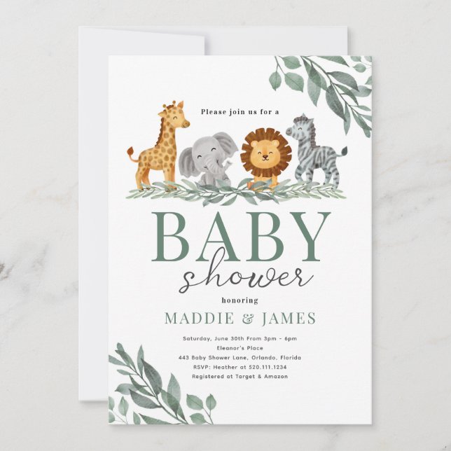 Safari Cute Animals Baby Shower Invitation (Front)